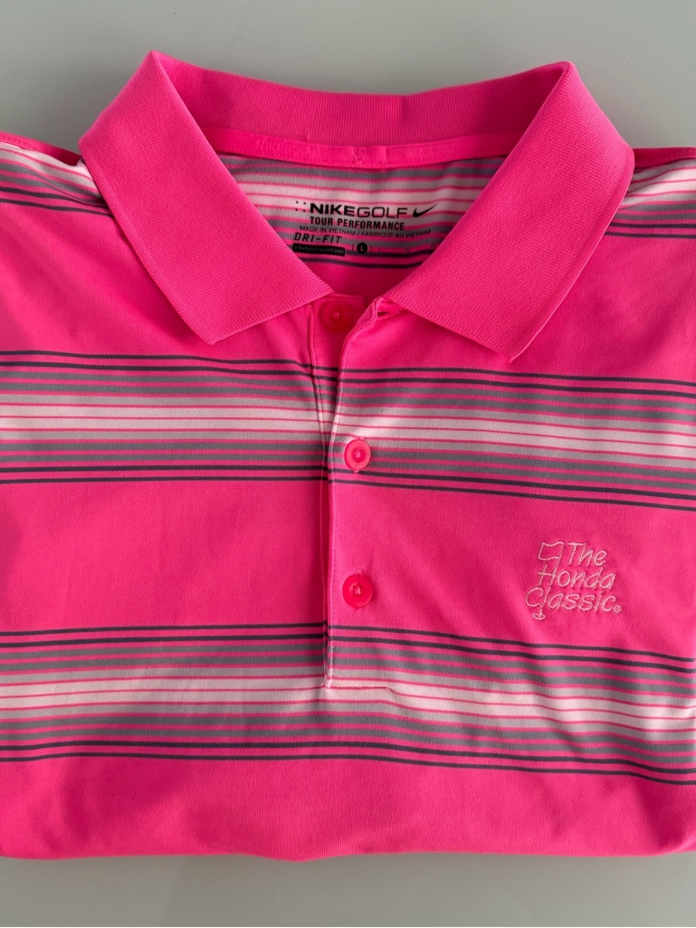 Nike Mens Pink Striped Golf Polo with Honda Classic Embroidery Large